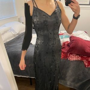 Long beaded grey formal dress